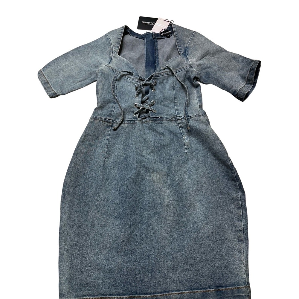 PrettyLittleThing Womens Lace Up Front Denim Mini‎ Dress Blue Size 10 NEW